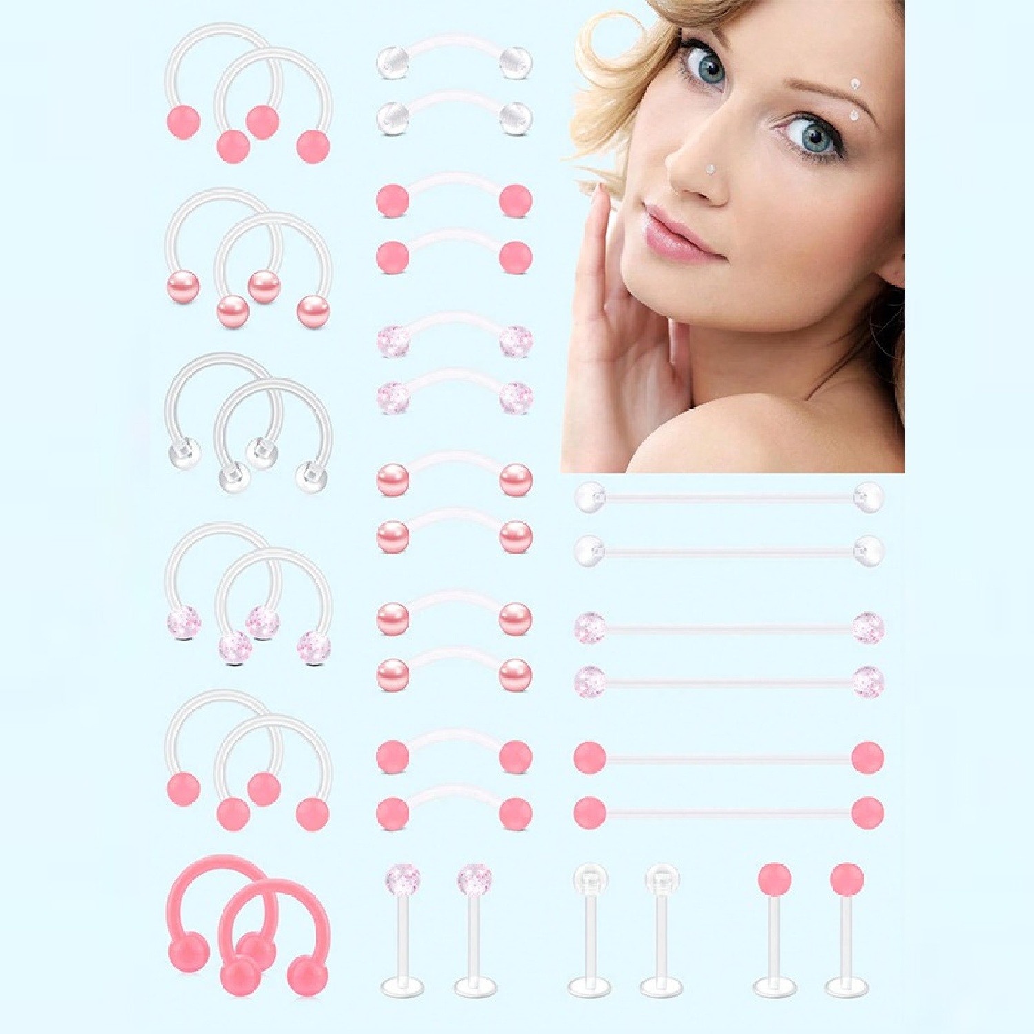 Body Jewelry Vertical Labret - 12 adet Şeffaf Pembe Endüstriyel Piercing