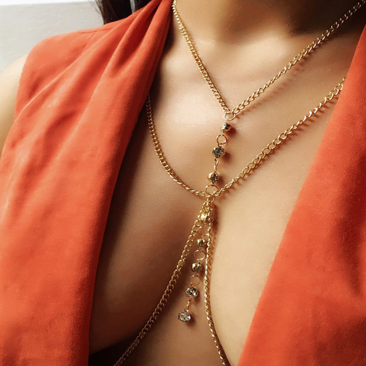Body Jewelry Harness - Yuvarlak Kristal Göğüs Zinciri Düşük Bel